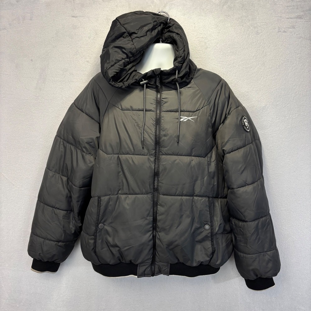 Reebok Retro Quilted Puffer Jacket Mens XL Black Hooded Classic Zip Warm Winter